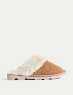 Suede Faux Fur Lined Mule Slippers