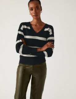 Soft Touch Striped Ribbed V-Neck Jumper