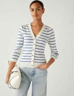 Striped V-Neck Button Front Cardigan