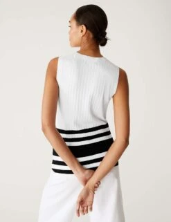 Striped Crew Neck Fitted Knitted Vest -M&S SD 01 T38 5092S Y4 X EC 3