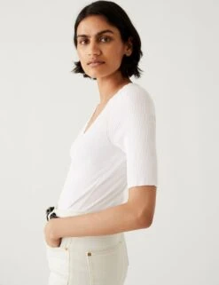 Ribbed V-Neck Scallop Edge Knitted Top -M&S SD 01 T38 5217 P6 X EC 1
