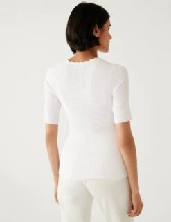 Ribbed V-Neck Scallop Edge Knitted Top -M&S SD 01 T38 5217 P6 X EC 3