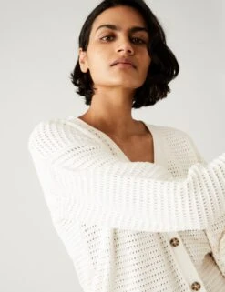 Cotton Rich Textured V-Neck Cardigan -M&S SD 01 T38 6007 KY X EC 2