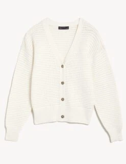 Cotton Rich Textured V-Neck Cardigan -M&S SD 01 T38 6007 KY X EC 90