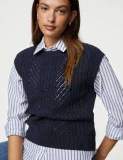 Cotton Rich Cable Knit Relaxed Knitted Vest -M&S SD 01 T38 6018 F0 X EC 2