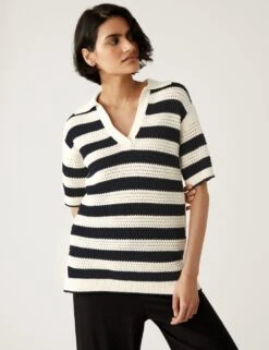 Pure Cotton Striped Collared Knitted Top -M&S SD 01 T38 6193S F4 X EC 1