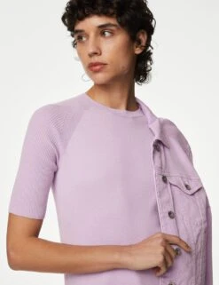 Cotton Rich Ribbed Crew Neck Knitted Top