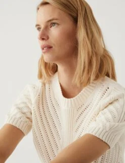 Cotton Rich Textured Crew Neck Knitted Top -M&S SD 01 T38 6982 KY X EC 1