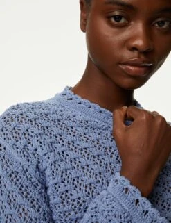 Cotton Blend Textured Crew Neck Jumper