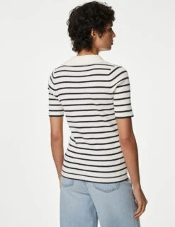 Cotton Rich Striped Collared Knitted Top -M&S SD 01 T38 6987S Y8 X EC 3