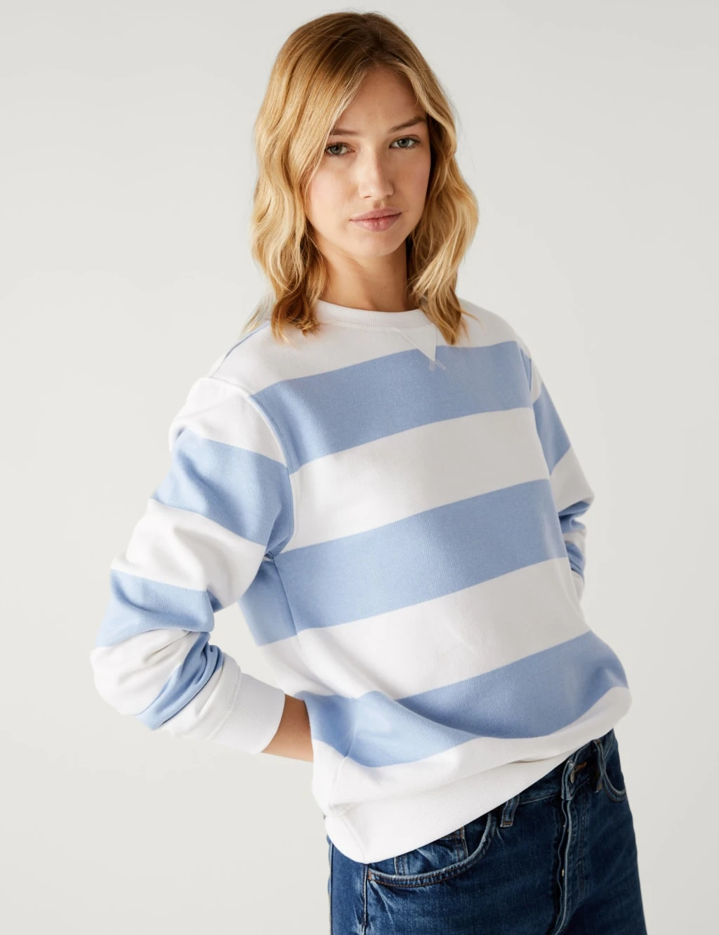 Cotton Rich Striped Crew Neck Sweatshirt 3 Cotton Rich Striped Crew Neck Sweatshirt