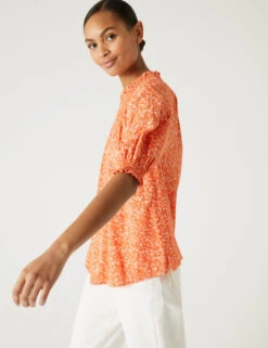 Cotton Blend Printed Shirred Blouse -M&S SD 01 T41 1503W P4 X EC 1