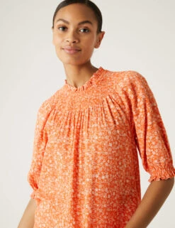 Cotton Blend Printed Shirred Blouse -M&S SD 01 T41 1503W P4 X EC 3