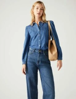 Denim Collared Pintuck Shirt