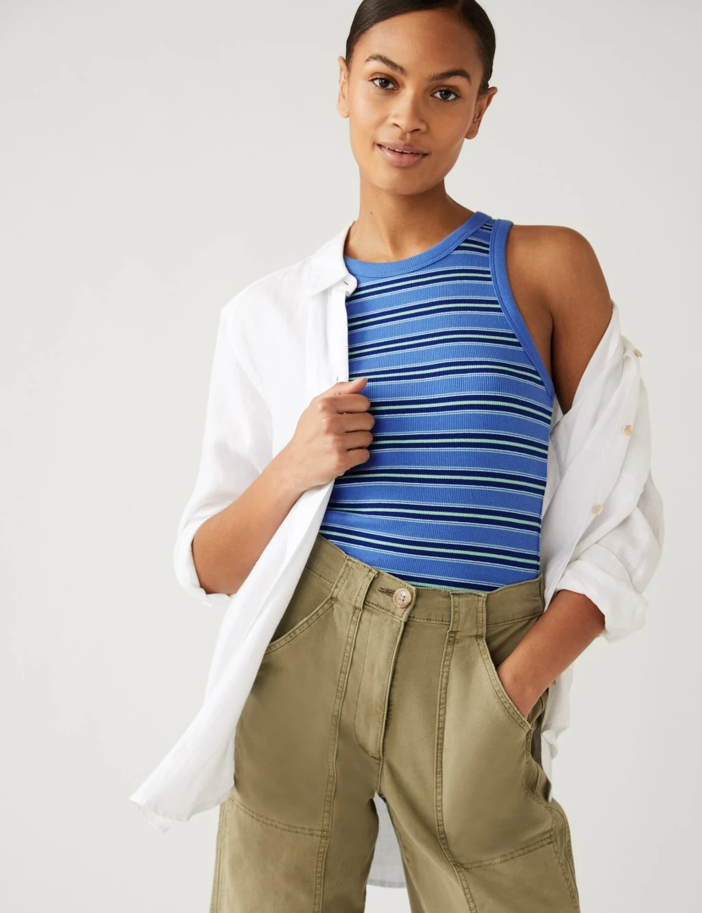 Cotton Rich Striped Ribbed Vest Top 3 Cotton Rich Striped Ribbed Vest Top