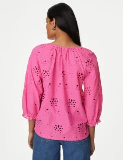 Pure Cotton Broderie Puff Sleeve Blouse -M&S SD 01 T41 6919W QY X EC 3