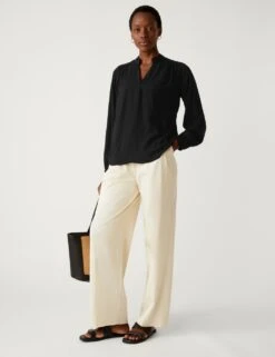 V-Neck Ruffle Blouson Sleeve Popover Blouse