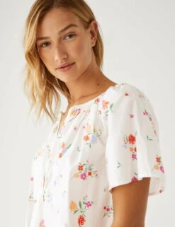 Pure Cotton Printed Tie Neck Blouse -M&S SD 01 T41 7930W Z4 X EC 2