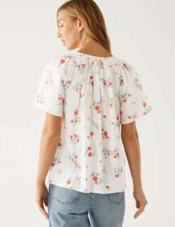 Pure Cotton Printed Tie Neck Blouse -M&S SD 01 T41 7930W Z4 X EC 3