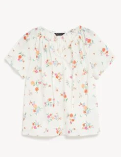 Pure Cotton Printed Tie Neck Blouse -M&S SD 01 T41 7930W Z4 X EC 90