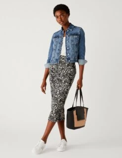 Jersey Mesh Printed Midi Pencil Skirt