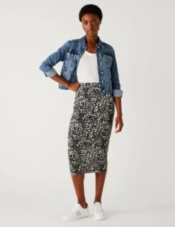 Jersey Mesh Printed Midi Pencil Skirt -M&S SD 01 T42 1282 Y4 X EC 1