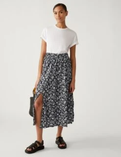 Pure Cotton Printed Midaxi Tiered Skirt