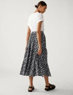 Pure Cotton Printed Midaxi Tiered Skirt -M&S SD 01 T42 2054 Y4 X EC 2