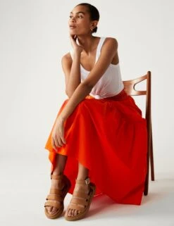 Pure Cotton Seam Detail Midi Tiered Skirt