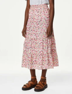 Pure Cotton Floral Midaxi Tiered Skirt -M&S SD 01 T42 2084 A4 X EC 1