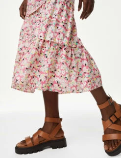 Pure Cotton Floral Midaxi Tiered Skirt -M&S SD 01 T42 2084 A4 X EC 3