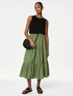 Pure Cotton Button Front Midi Tiered Skirt