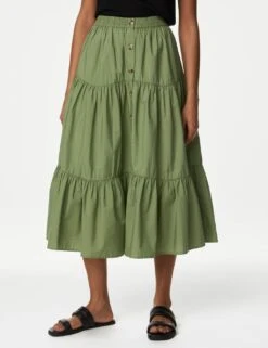 Pure Cotton Button Front Midi Tiered Skirt -M&S SD 01 T42 2086 KH X EC 1