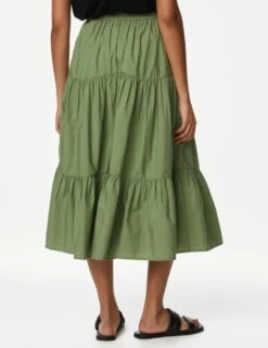 Pure Cotton Button Front Midi Tiered Skirt -M&S SD 01 T42 2086 KH X EC 2