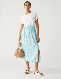 Printed Side Split Midi A-Line Skirt