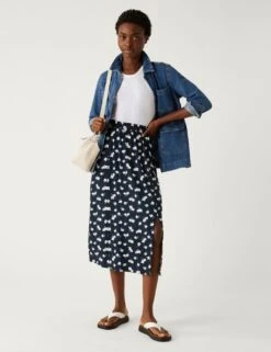 Printed Split Front Midi A-Line Skirt