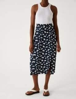 Printed Split Front Midi A-Line Skirt -M&S SD 01 T42 2894 Y4 X EC 2