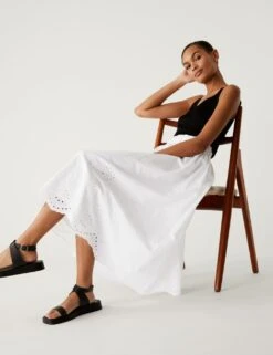 Pure Cotton Broderie Midi Tiered Skirt