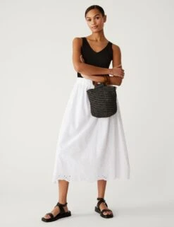 Pure Cotton Broderie Midi Tiered Skirt -M&S SD 01 T42 2944 Z0 X EC 1