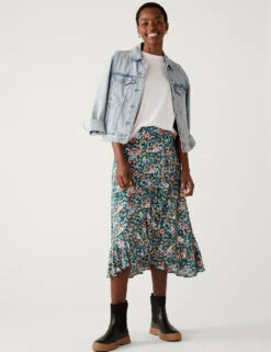 Floral Ruffle Midi Wrap Skirt