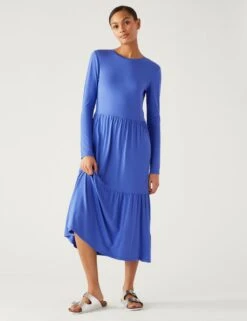 Jersey Round Neck Midaxi Tiered Dress