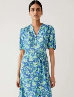 Printed Round Neck Belted Midi Shirt Dress -M&S SD 01 T42 7272 E4 X EC 3