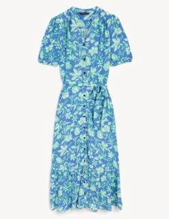 Printed Round Neck Belted Midi Shirt Dress -M&S SD 01 T42 7272 E4 X EC 90