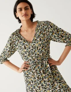 Printed V-Neck Midi Waisted Dress -M&S SD 01 T42 7283 Y4 X EC 2