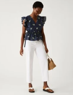 Linen Blend Frill Detail Waisted Blouse -M&S SD 01 T43 4871 F4 X EC 1