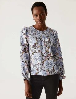 Floral Round Neck Shirred Blouse -M&S SD 01 T43 5643 ZZ X EC 1