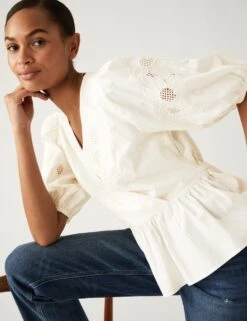 Pure Cotton Embroidered Puff Sleeve Blouse