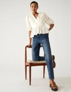 Pure Cotton Embroidered Puff Sleeve Blouse -M&S SD 01 T43 5961 KY X EC 1