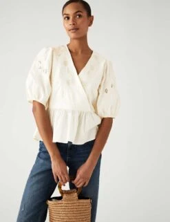 Pure Cotton Embroidered Puff Sleeve Blouse -M&S SD 01 T43 5961 KY X EC 2