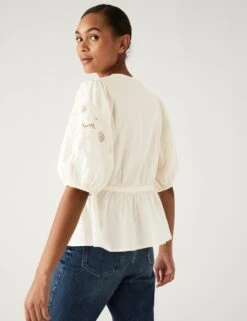 Pure Cotton Embroidered Puff Sleeve Blouse -M&S SD 01 T43 5961 KY X EC 3